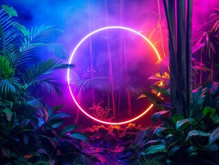 neon light circle in the jungle. 