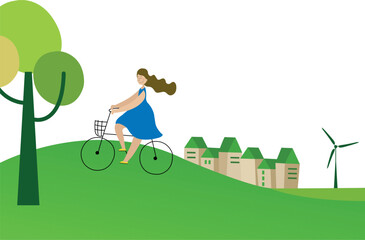 Eco-vector of a girl on a bicycle on a summer background. The girl in the blue dress leads a healthy lifestyle. The eco-village is green. Ecology. Eco graphics. Vector illustration EPS 10