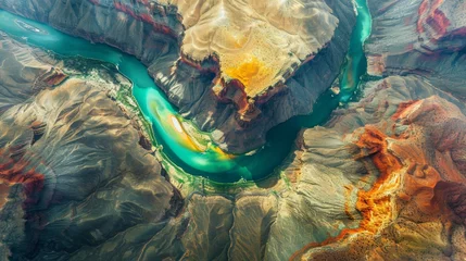 Poster Majestic landscape of rugged lands with valleys and river. Aerial view with abstract patterns. © rabbit75_fot