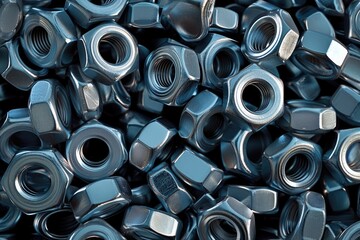 A lot of new gray shiny nuts. Galvanized construction fasteners. Industrial wide background texture.