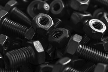 Fototapeta na wymiar Monochrome image bolts washers and nuts close up macro shot for industrial background.