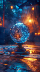 , crystal ball, foreseeing the future, in a dimly lit room, under a full moon, 3D render, silhouette lighting, depth of field bokeh effect
