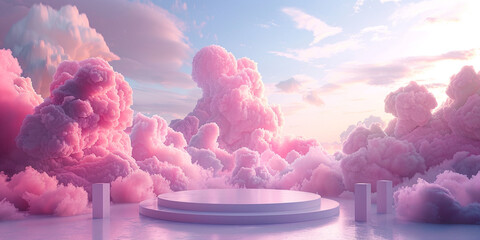 Background podium pink 3d product sky platform display cloud pastel scene render stand. Pink podium stage minimal abstract background beauty dreamy space studio pedestal smoke showcase 