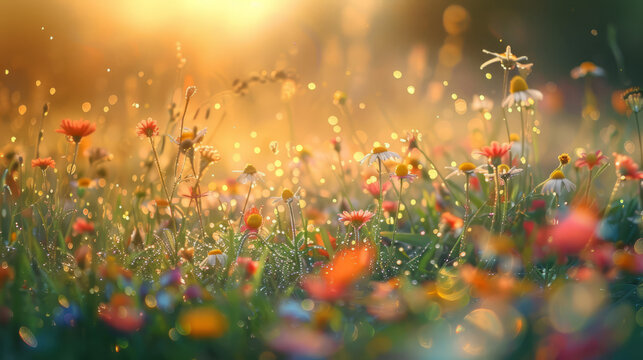 A field of wildflowers at dawn, dew on petals, soft morning light, diverse colors and species, wide open landscape, feeling of freedom and freshness, realistic photography