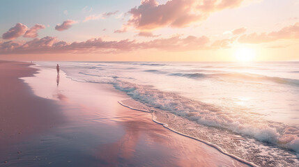 A tranquil beach at sunrise, lone person walking along the shore, reflective and introspective mood, soft pastel colors in the sky, waves gently lapping at the shore - Powered by Adobe