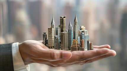 Businessman's Hand Holding Miniature City Skyline - obrazy, fototapety, plakaty