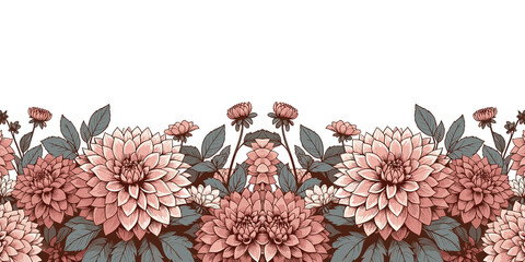 Seamless pattern with dahlias and leaves, decorative spring floral backdrop, Vector illustration, generative ai