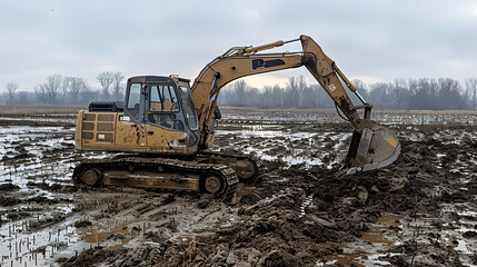 A yellow excavator is digging through a muddy field.