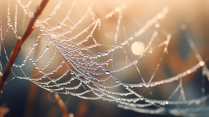 Glistening Jewels: A Captivating Portrait of a Delicate Spider's Web Adorned with Sparkling Water Droplets Against a Serene Background - obrazy, fototapety, plakaty