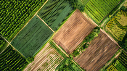 Aerial photograph of agricultural fields, geometric patterns, contrasting colors of crops,...