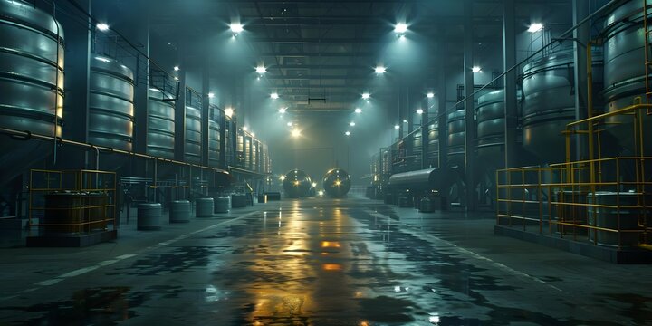 Industrial warehouse with dark oil background crucial for global economy supply. Concept Industrial Warehouses, Global Economy, Supply Chain, Oil Background, Dark Atmosphere
