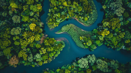 Aerial view of a winding river through a lush forest, capturing the natural beauty and scale from above, vibrant colors, clear day, showcasing the unique perspective of drone photography