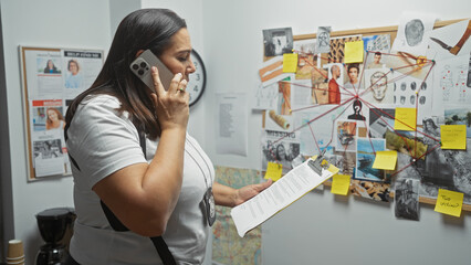 Hispanic woman detective analyzes evidence in an office with a crime investigation board while...