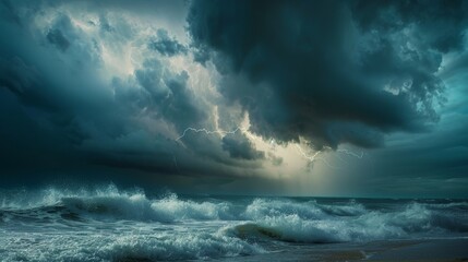 Obraz premium Electrifying Coastal Storm Dramatic Lightning Strikes and Turbulent Waves in a Captivating Seascape