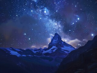 night Mountain peak and Starry sky Alignment. A rugged mountain peak stretches up into a star-filled sky, where the stars align to form constellations that echo the mountain's silhouette. blue