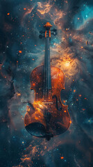 Cosmic Composer, Musical Instrument, Harmonious chords, Performing for a diverse alien audience, Nebula clouds, Photography, Golden Hour, Depth of Field Bokeh Effect