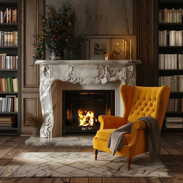 Cozy home interior with a fireplace and comfortable armchair
