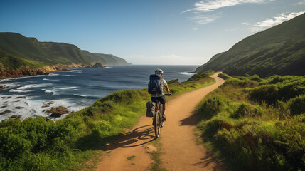 Mountain Biker on Seaside Trail with Cliff Views