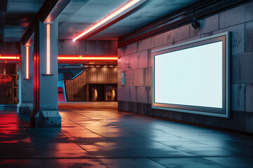 Blank billboard set against a neon-lit cyberpunk backdrop. Ideal for dynamic futuristic ads.