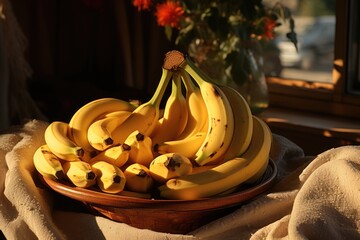 A bananas and a sliced ??banana in a pan on the table., generative IA