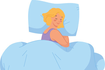 Young woman sleep in bed top view. Cozy pillow and blanket