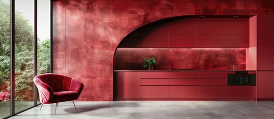 Interior view of a modern kitchen styled in bold red tones, featuring a large window and a single red chair for seating