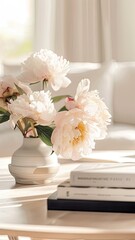 Obraz premium a contemporary coffee table adorned with books and a vase of peony flowers, creating a bright and airy image.