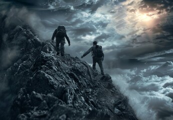 two climbers in a mountain during a storm. 