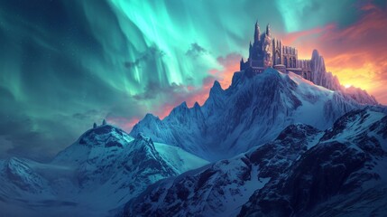 A lonely medieval castle fortress on mountain top with majestic view of snow mountain and beautiful aurora northern lights in night sky in winter. - obrazy, fototapety, plakaty