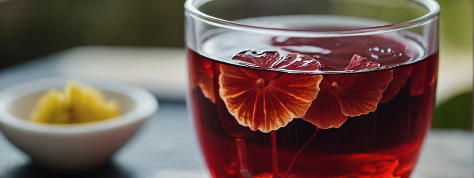 A glass cup of hibiscus tea.