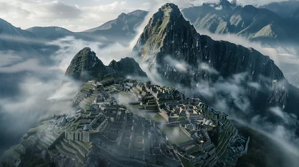 Photo sur Plexiglas Alpes Majestic view of Machu Picchu at dawn, ancient ruins with a backdrop of mist-covered mountains, sense of adventure and discovery