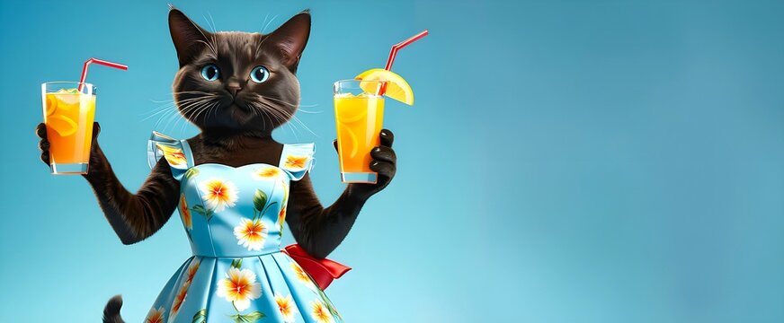 A black cat wearing ladies outfit is holding two summer drinks on blue background