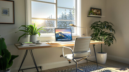 Modern home office setup with a sleek desk, laptop, and green plants, natural light from a nearby window, comfortable and productive workspace