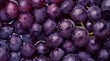 Fresh Grapes, adorned with glistening droplets of water, Top view