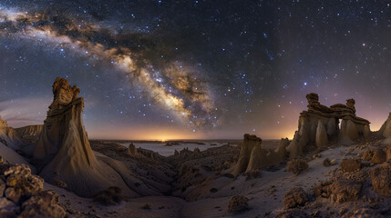 Night sky full of stars over a calm desert landscape, clear visibility of the Milky Way, unique...