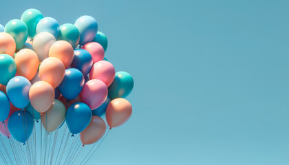 Cluster of glossy balloons in pastel colors against a clear blue sky. Celebration concept....
