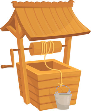 Rustic water well cartoon icon. Bucket rope