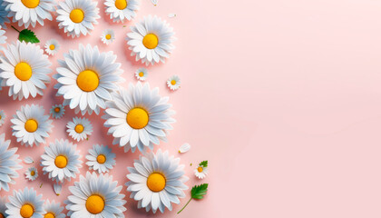 Fototapeta na wymiar Daisy flowers with shadows on pink backdrop, light, photorealistic presentation. Generative AI