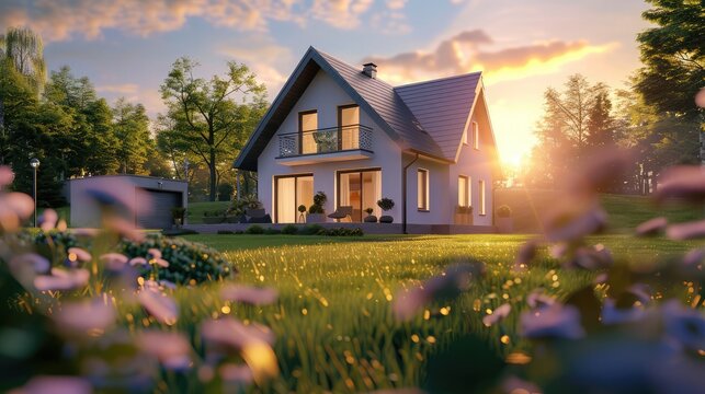3D rendering of a modern, purple cozy chalet-style house with garage for sale or rent, complete with spacious garden and grass. Clear summer evening with a gentle sky. Cozy warm light from the window.