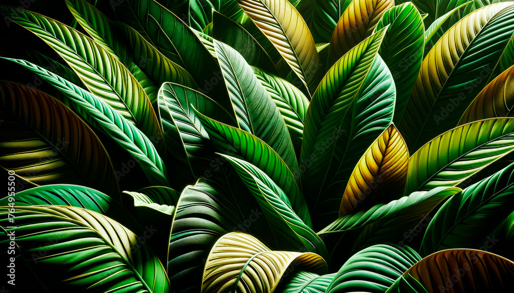 Poster artistic digital render of yellow and green leaves on a dark background. nature inspired design. gen