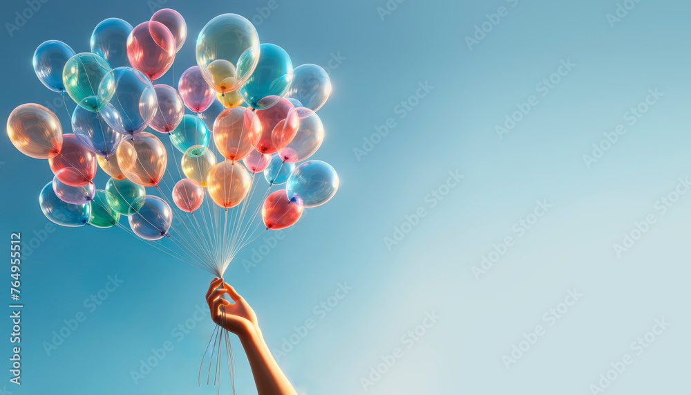 Poster hand releasing shiny balloons into the dusk sky, conveying joy and release. generative ai