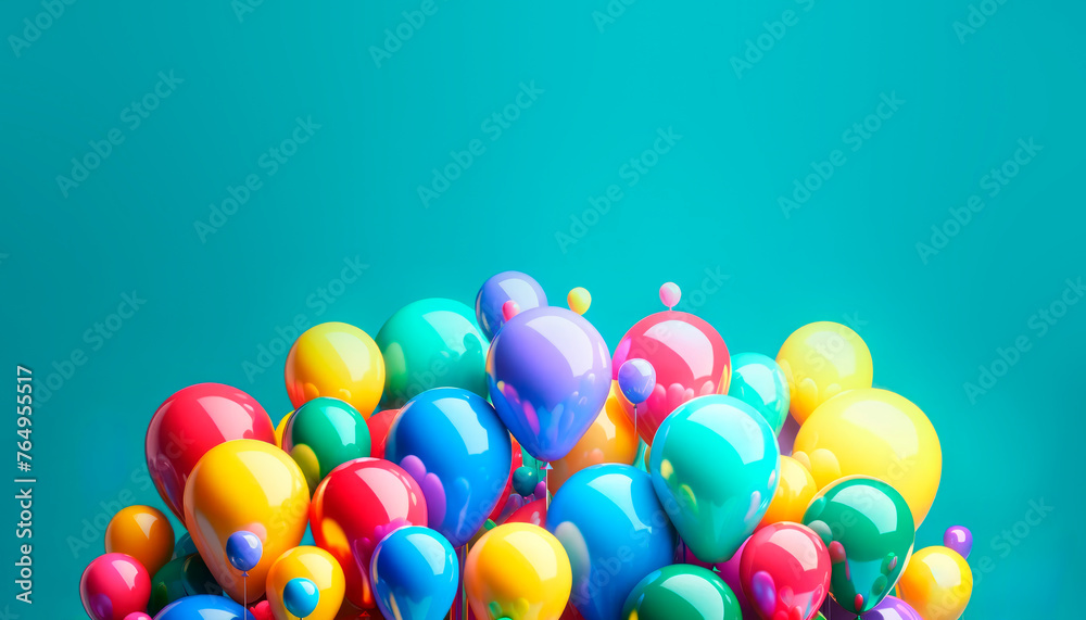 Poster Lively array of multicolored balloons on a cool turquoise surface, festive atmosphere. Generative AI