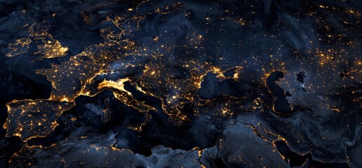 world map with lights in the metropolitan areas. 