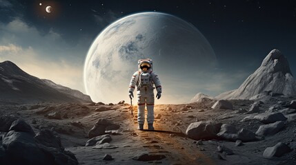 space exploration concept, man in spacesuit walking on the moon with spacecraft behind him, - Powered by Adobe