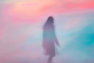 Cinematic blur art photography of a lonely figure of a woman walking to away, a blurred motion camera photography of people, concept art for illustration for a poster, for music album or book covers