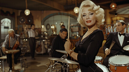 Fototapeta na wymiar During the 1960s, a platinum blonde woman in a black dress stands poised with a drumstick, prepared to perform with a band.