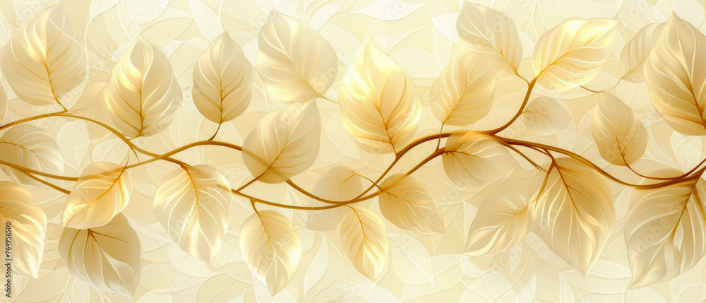 Poster Golden leaves arranged in a delicate pattern on a textured beige background. Generative AI