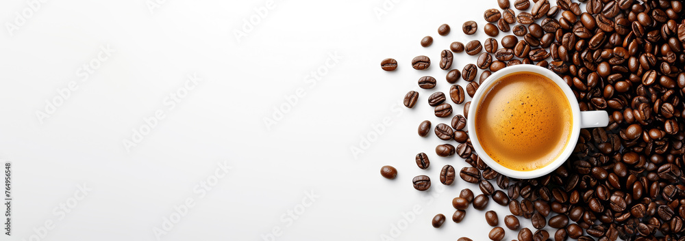 Poster Closeup of espresso with foam pattern in white cup, sea of beans on minimalist surface. Generative AI
