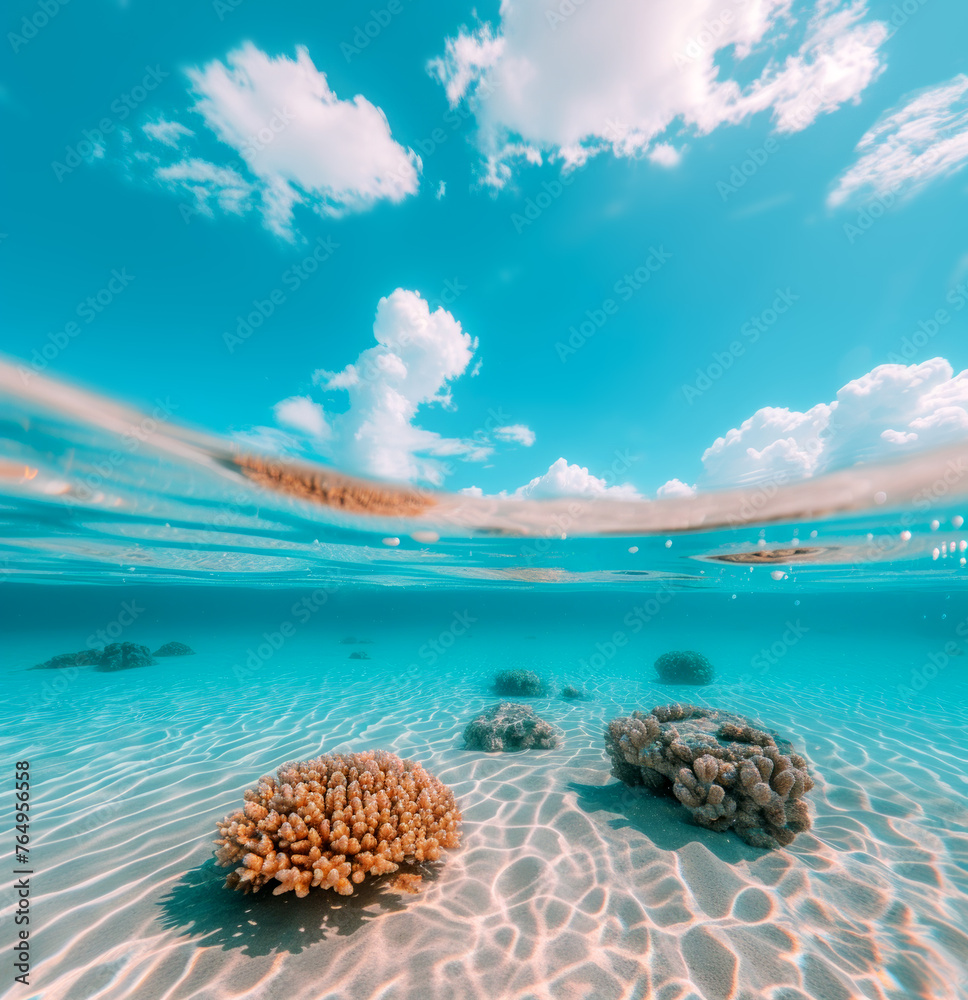 Poster split view of tropical ocean and blue sky with fluffy clouds, serene seascape. generative ai