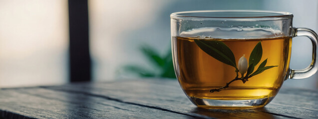 A glass cup of jasmine tea.